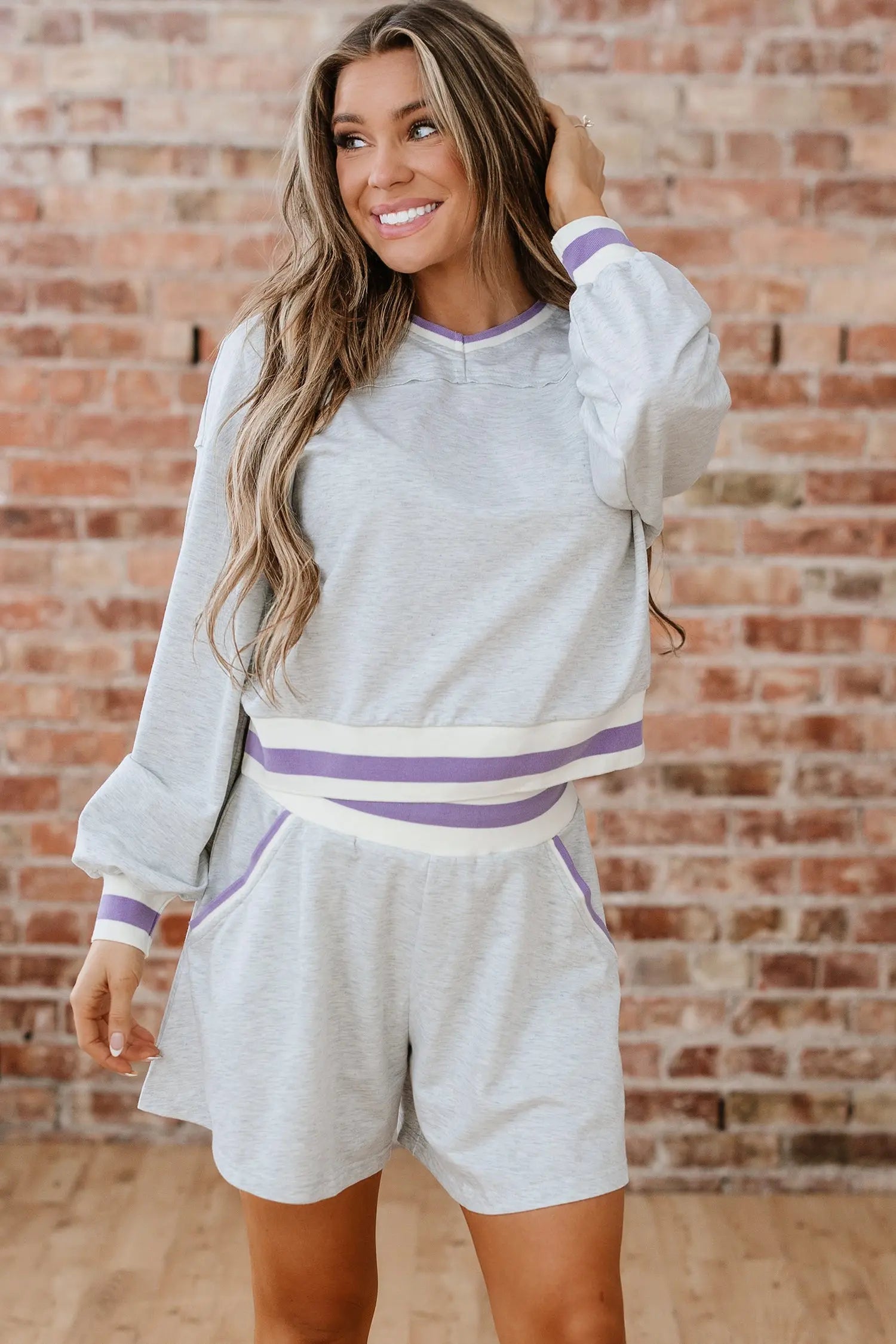 Dear-Lover Grey Striped Pullover Set Women's Casual Loungewear Set Soft & Cropped Dear-Lover Dropshipping