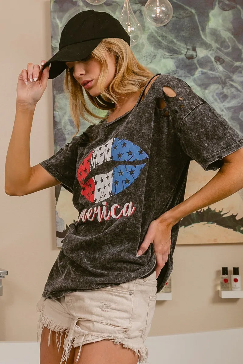BiBi Laser Cut Mineral Washed Old Glory Lip Print Top - Love Salve 