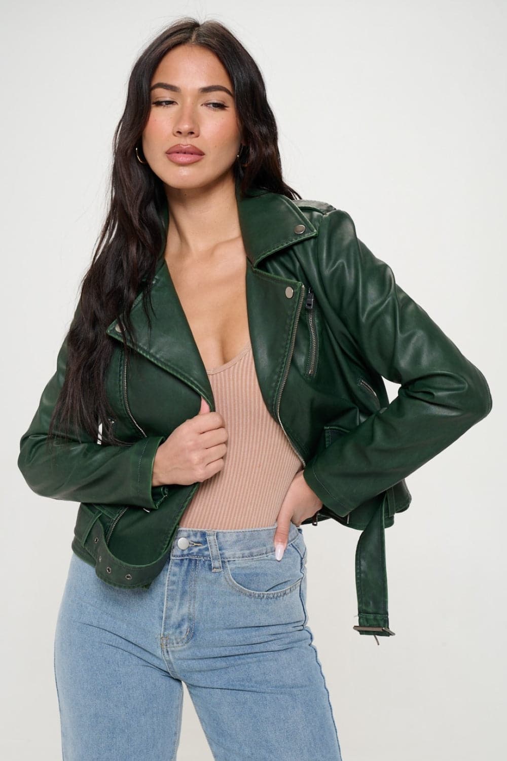 Coalition LA Zip Up Biker Jacket with BeltThis zip-up biker jacket features a stylish design with a notched lapel and a belt for a trendy look. The asymmetrical zipper adds an edgy touch to the jacket. Two zLove Salve Coalition LA ZipOuterwear