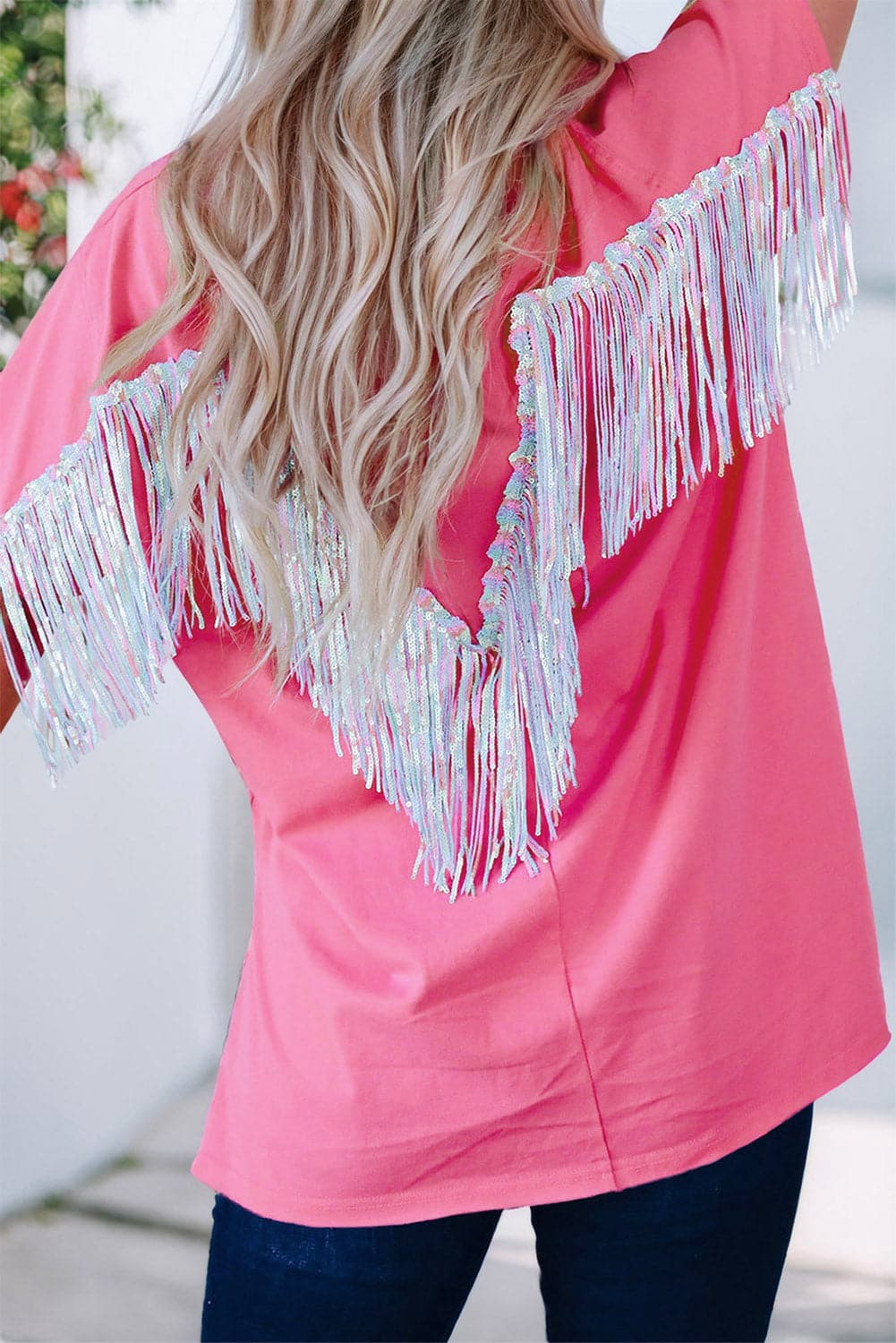 Fringe Round Neck Short Sleeve T-Shirt.