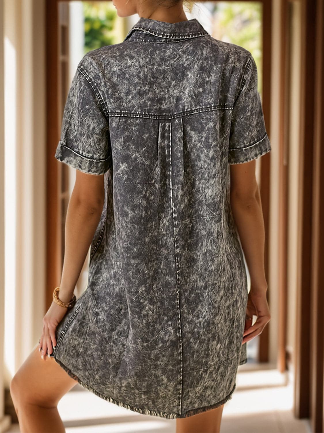 Pocketed Collared Neck Short Sleeve Denim Dress.