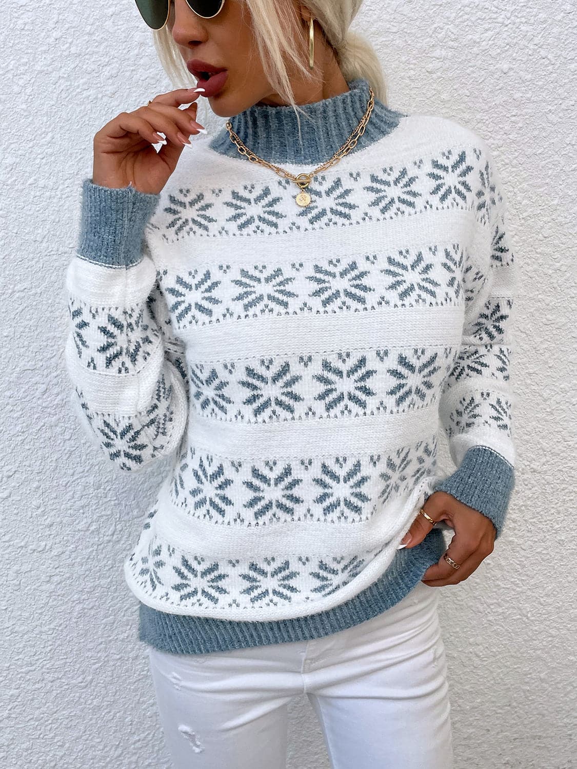 Snowflake Pattern Mock Neck Sweater.