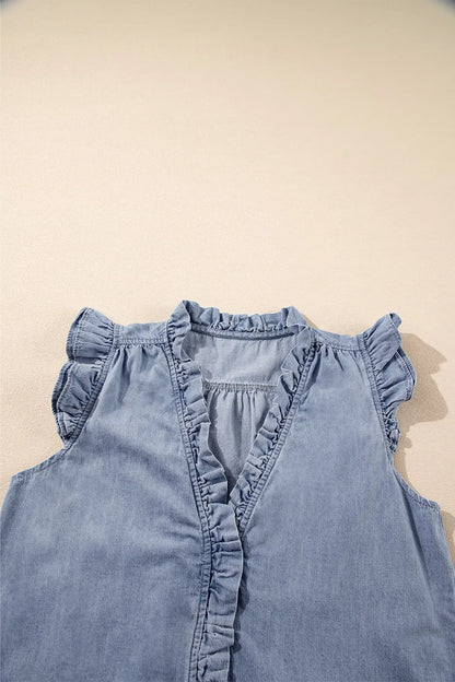 Frilly Ruffle Trim V Neck Chambray Tank