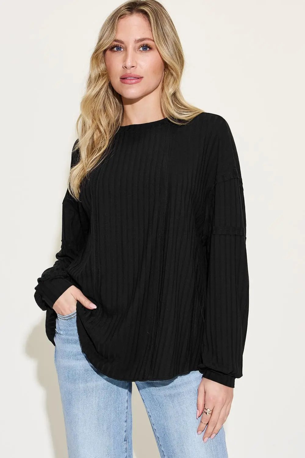 Basic Bae Full Size Ribbed Round Neck Long Sleeve T-Shirt - Love Salve