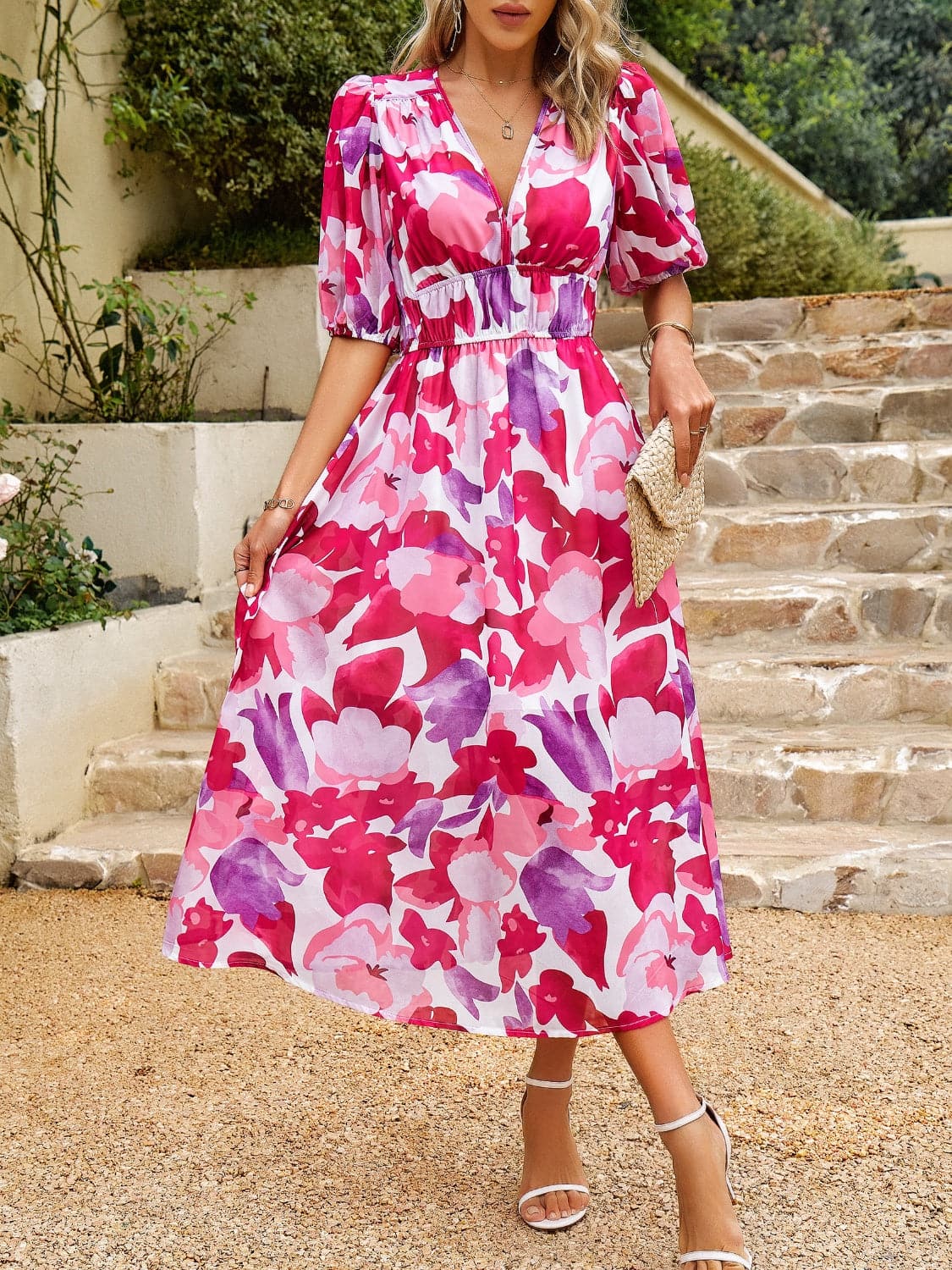 Smocked Printed V-Neck Half Sleeve Midi Dress.