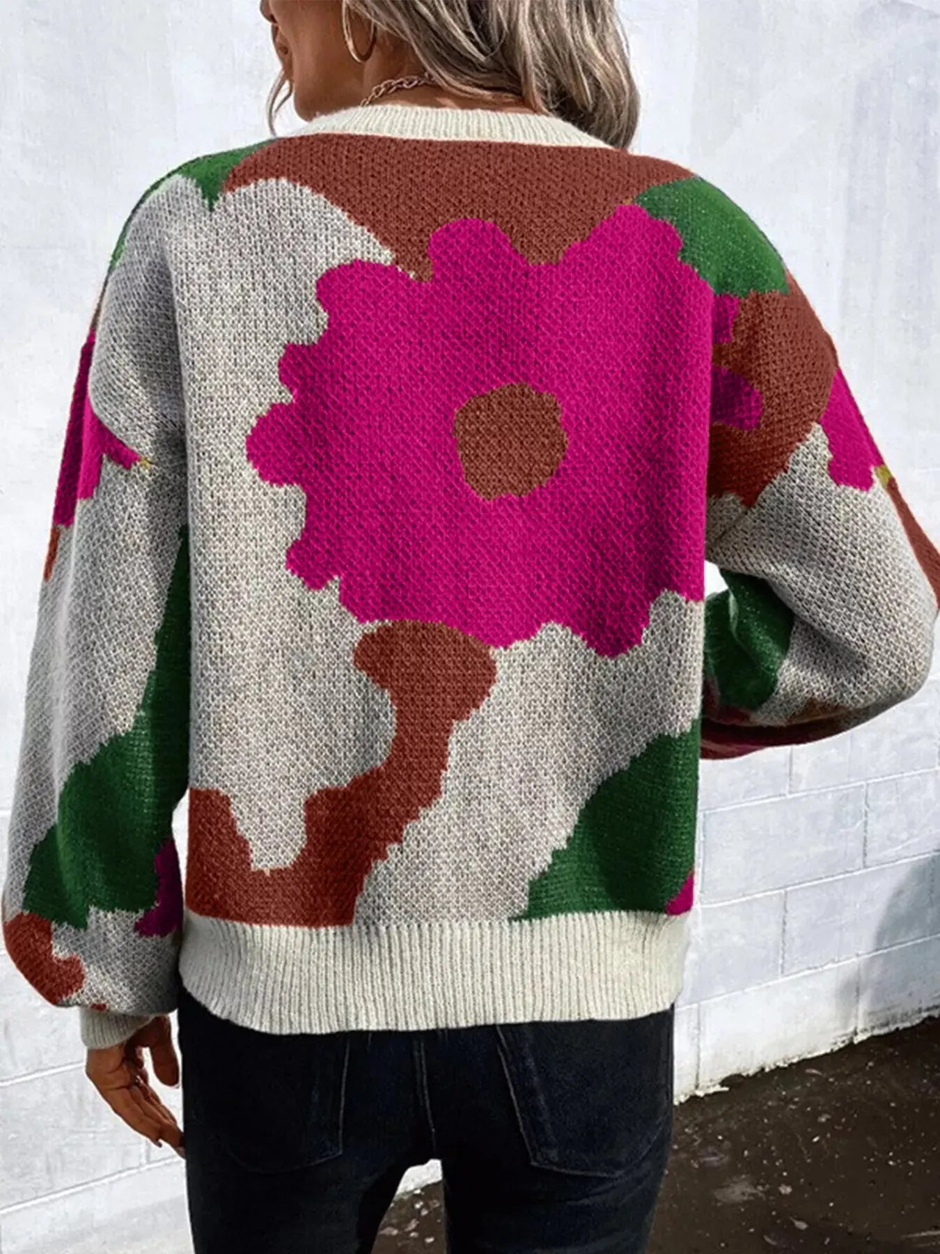 Floral Pattern Round Neck Sweater Simply Love