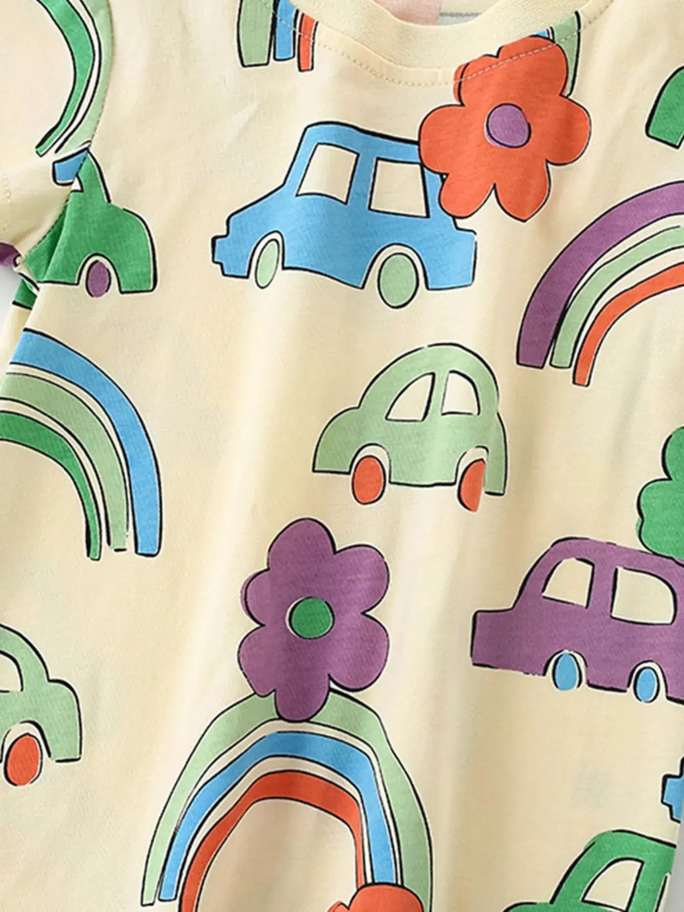 Children's Cartoon Car & Rainbow Print Short Sleeve T-Shirt Simply Love