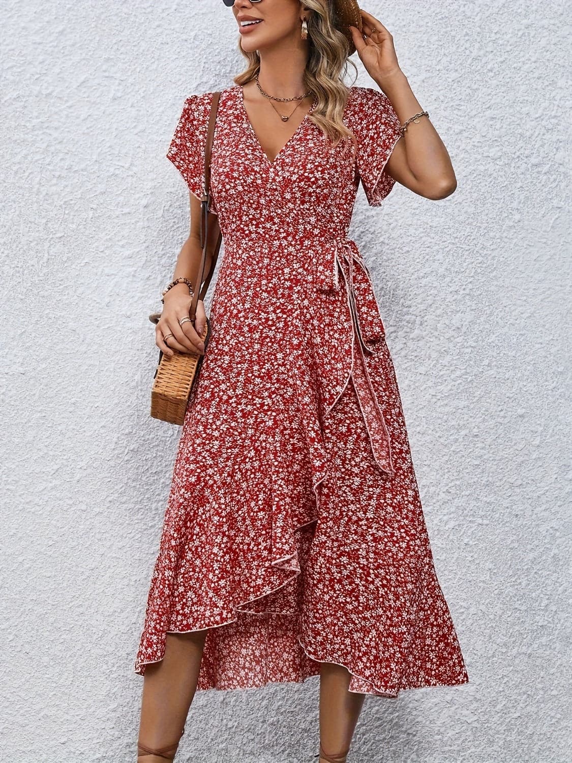 Printed Surplice Flutter Sleeve Midi Dress.