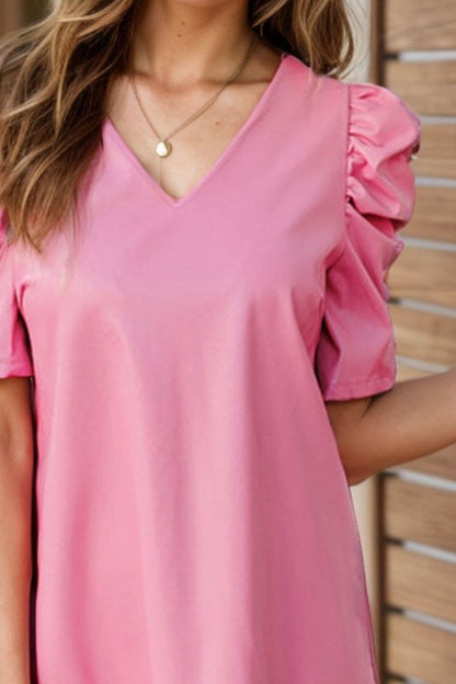 Chic V-neck Puff Sleeve Dress With Ruffled Sheer Overlay