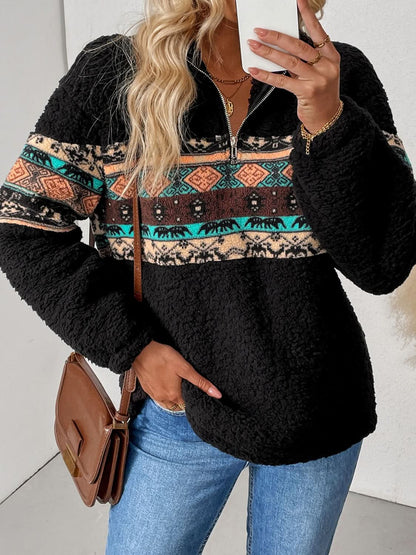 Geometric pattern quarter zip long sleeve pullover