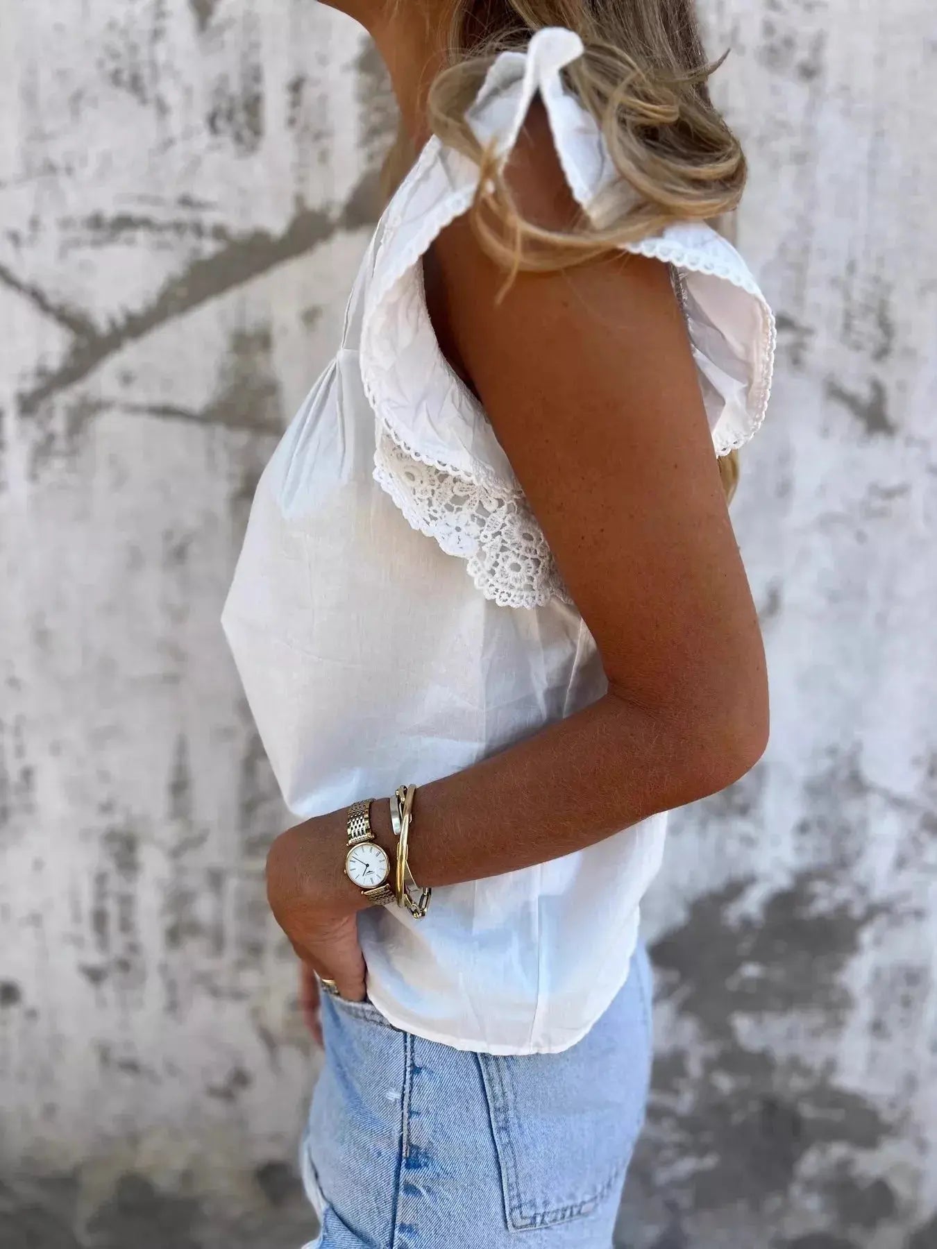 Lace Trimmed Cap Sleeve Blouse Simply Love