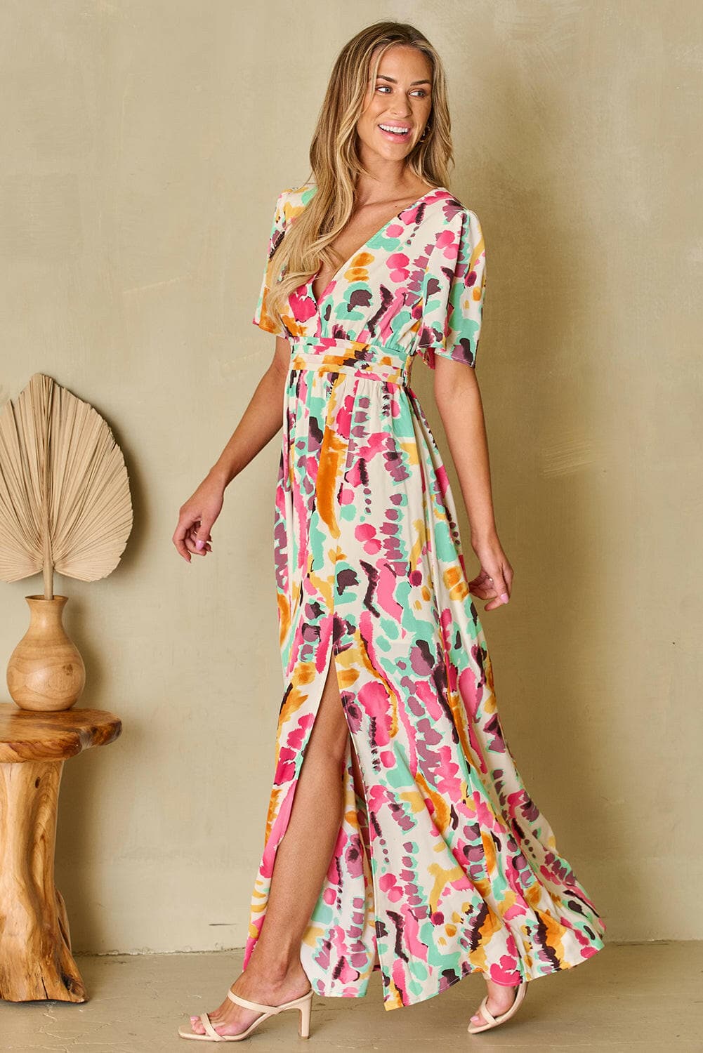 Slit Printed Surplice Short Sleeve Maxi Dress.