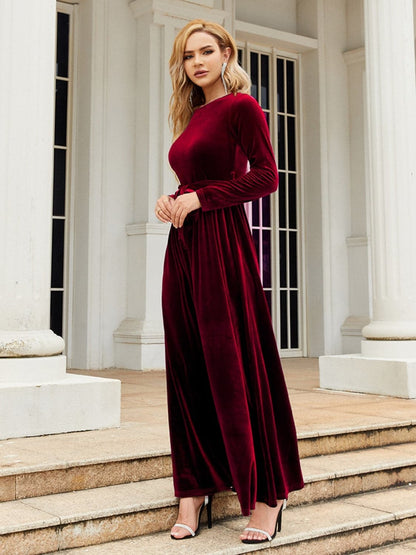 Tie Front Round Neck Long Sleeve Maxi Dress.