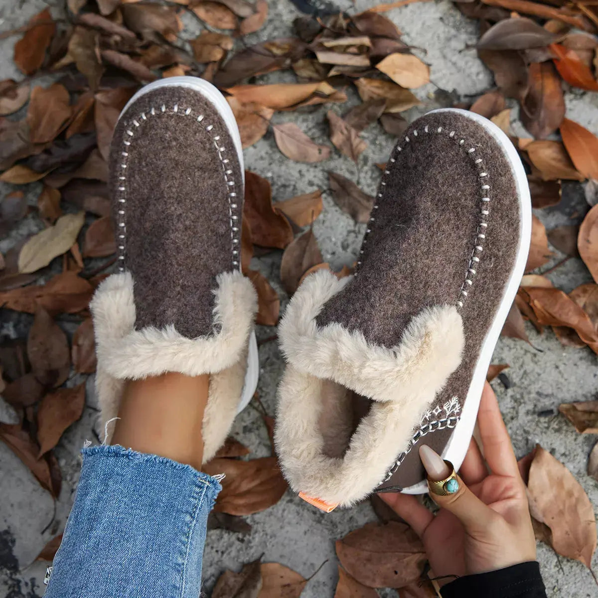 Cozy Fur Trimmed Slip Ons Suede And Rubber Flats Warm Winter Shoes Simply Love