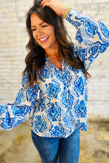 Premium Sky Blue Ethnic Printed Tie Neck Button Puff Sleeve Shirt