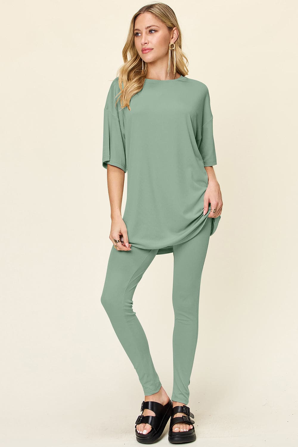 Double Take Full Size Round Neck Dropped Shoulder T-Shirt and Leggings Set.