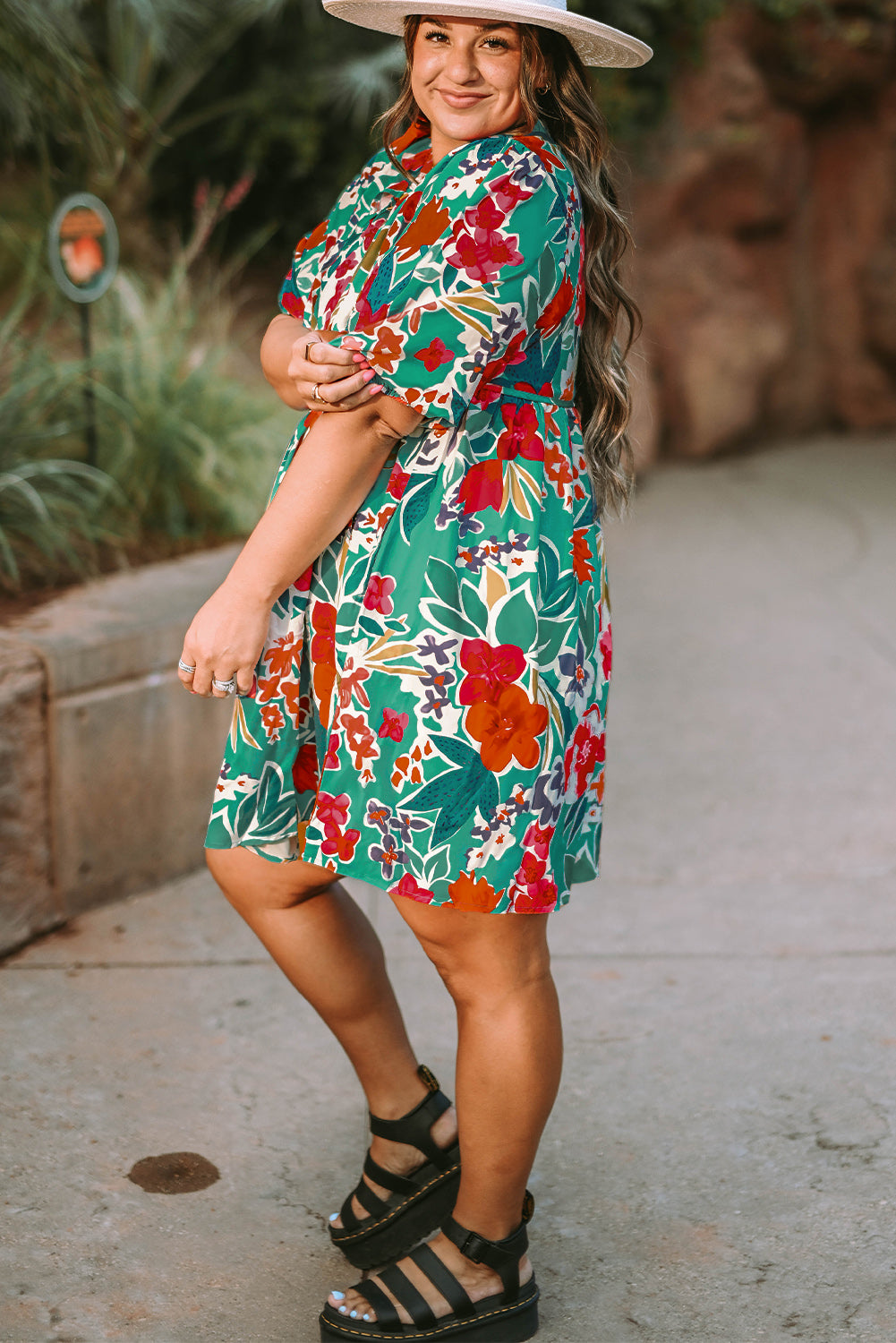 Sky Blue Plus Size Floral Puff Sleeve Babydoll Dress with Tie Neck Detail