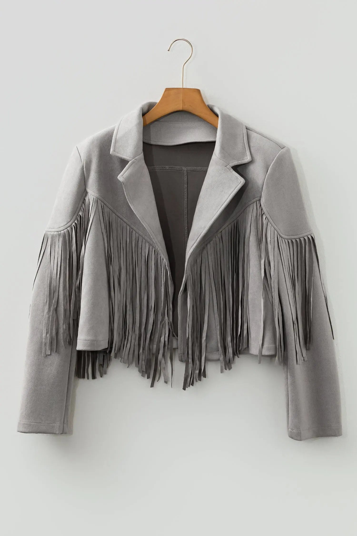 Gray Cropped Fringe Faux Suede Jacket For Women Lightweight Casual Dear-Lover Dropshipping