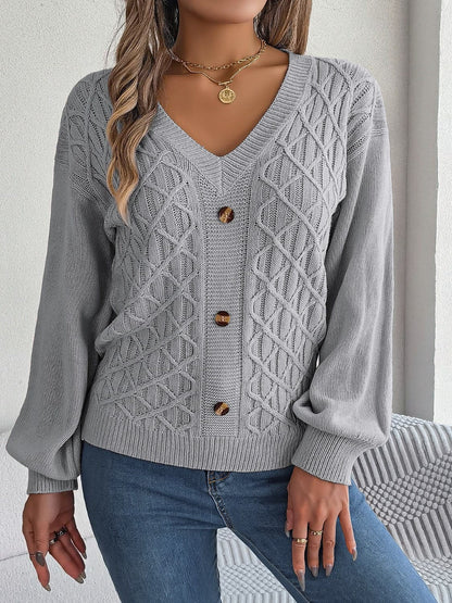 Cable-Knit V-Neck Lantern Sleeve Sweater.