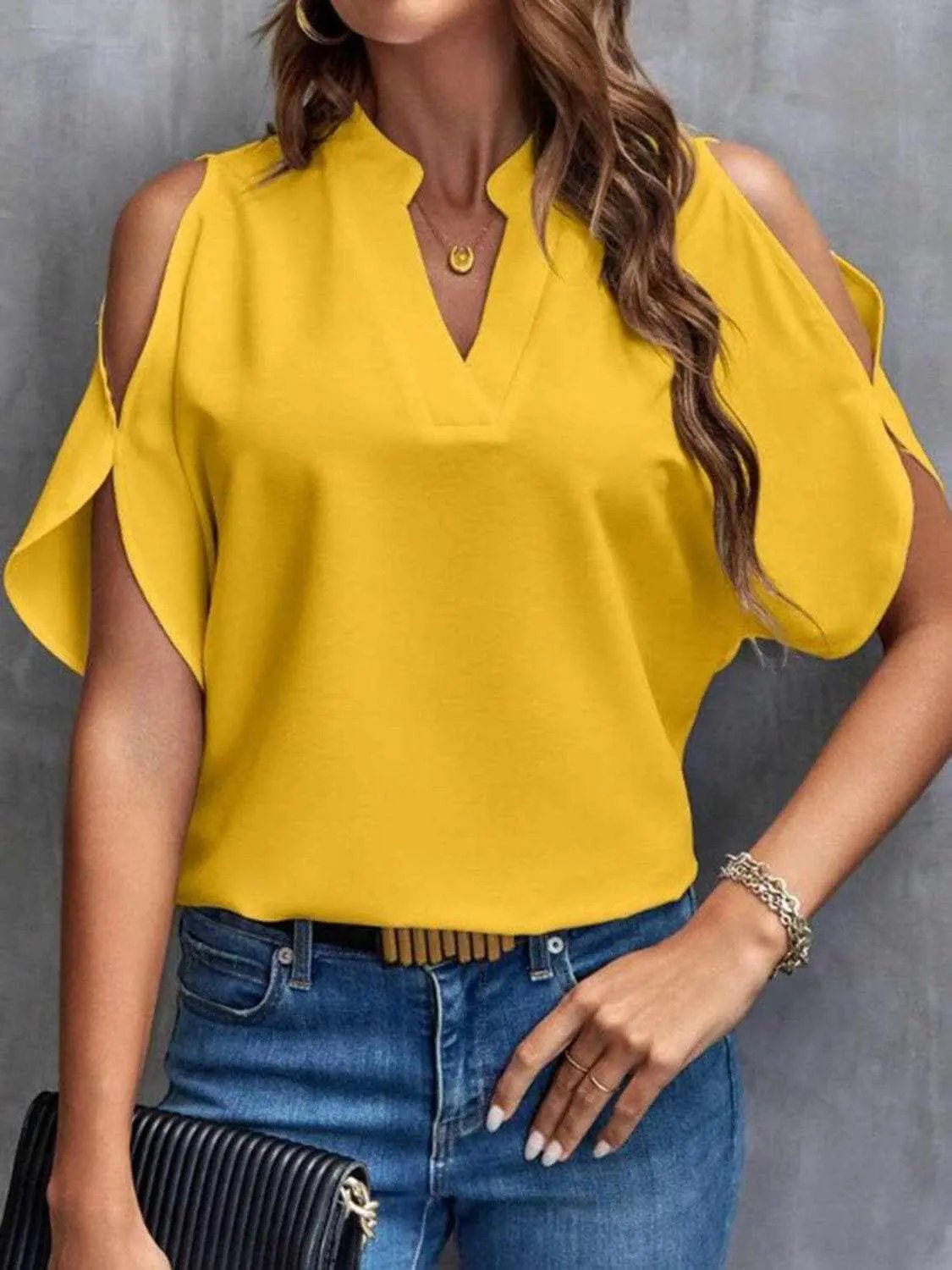 Chic notched cold shoulder blouse - Love Salve 