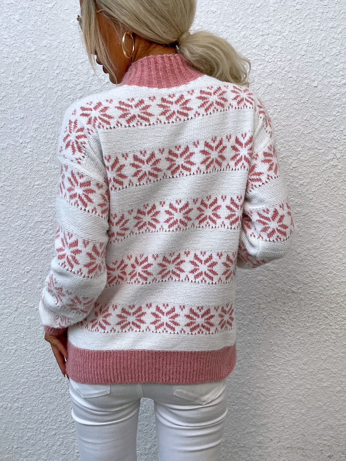 Snowflake Pattern Mock Neck Sweater.