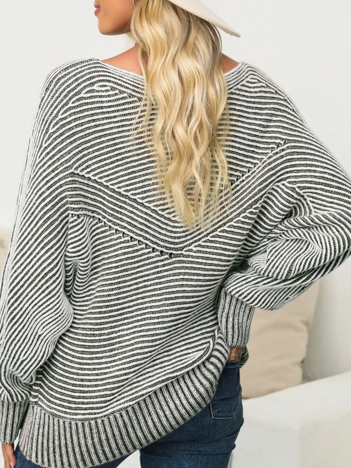 Striped Ribbed Knit Boat Neck Baggy Sweater Simply Love