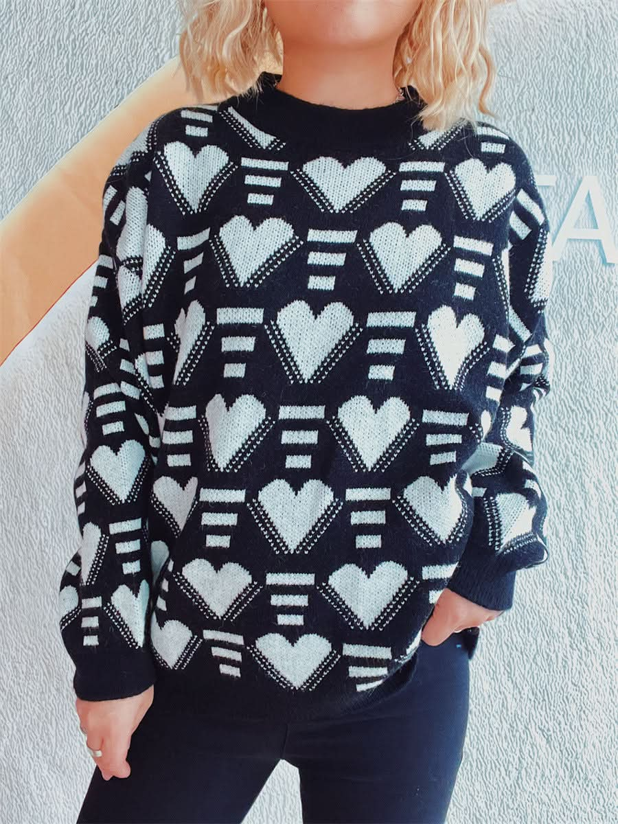 Heartfelt Contrast Long Sleeve Sweater with Dropped Shoulders