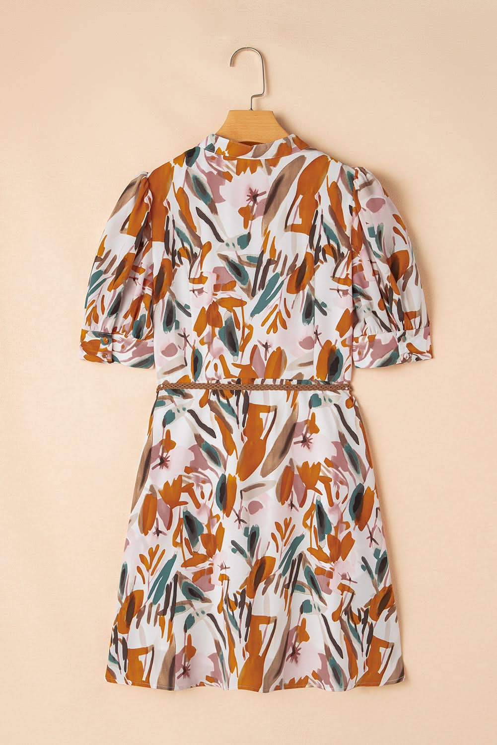 Brown Abstract Print Puff Sleeve Mini Dress with Braided Belt