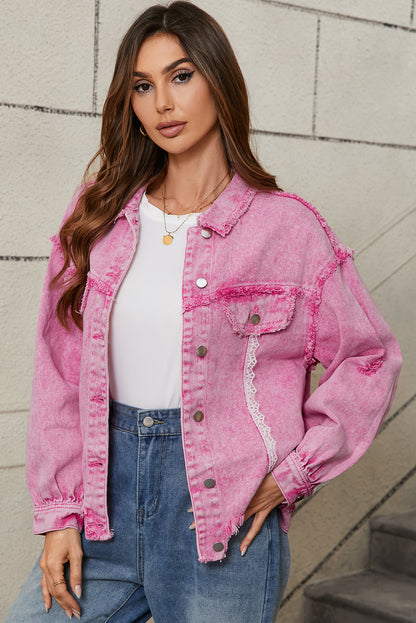 Chic pink lace denim jacket