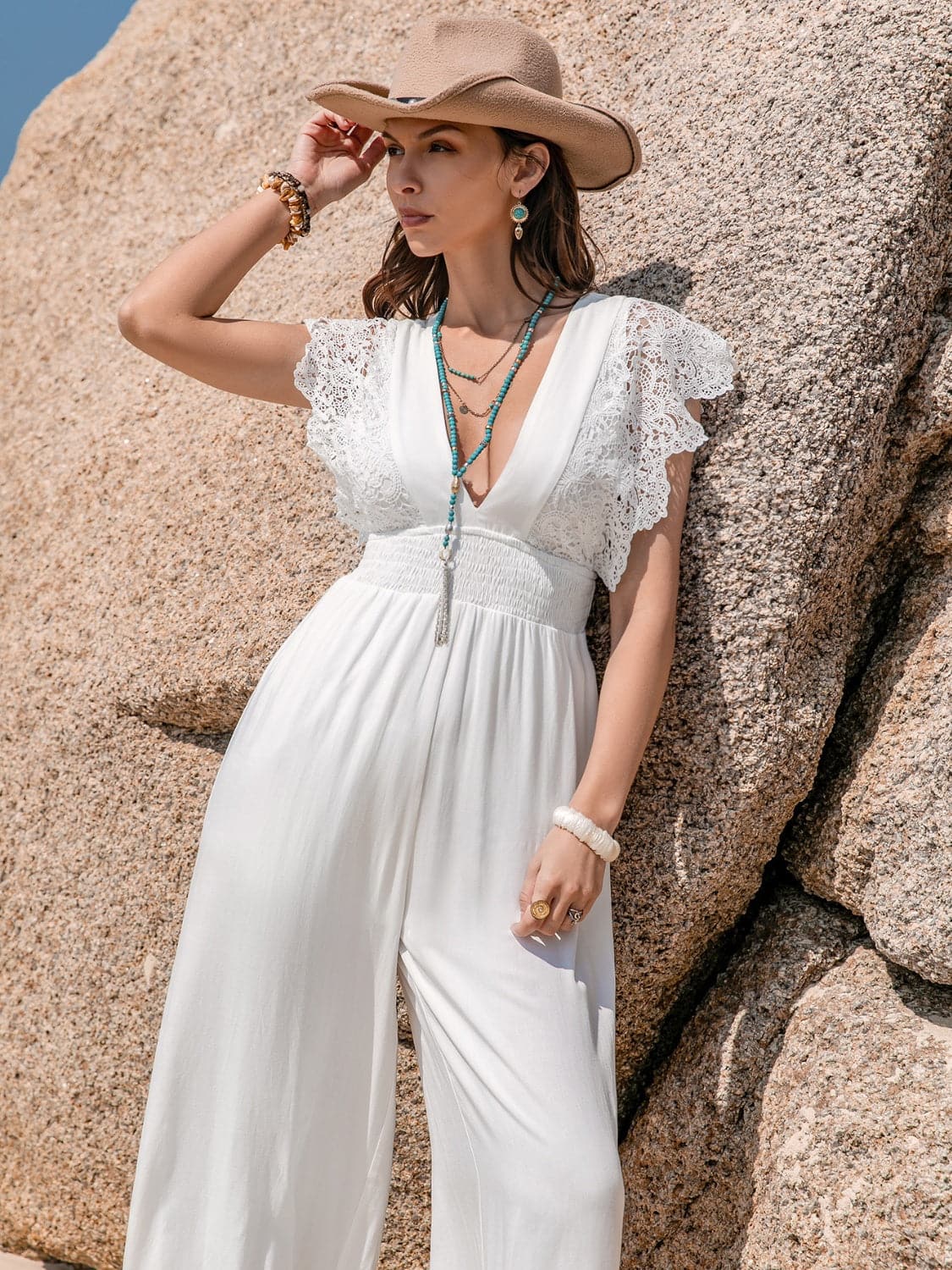 Lace Detail Plunge Cap Sleeve Jumpsuit.