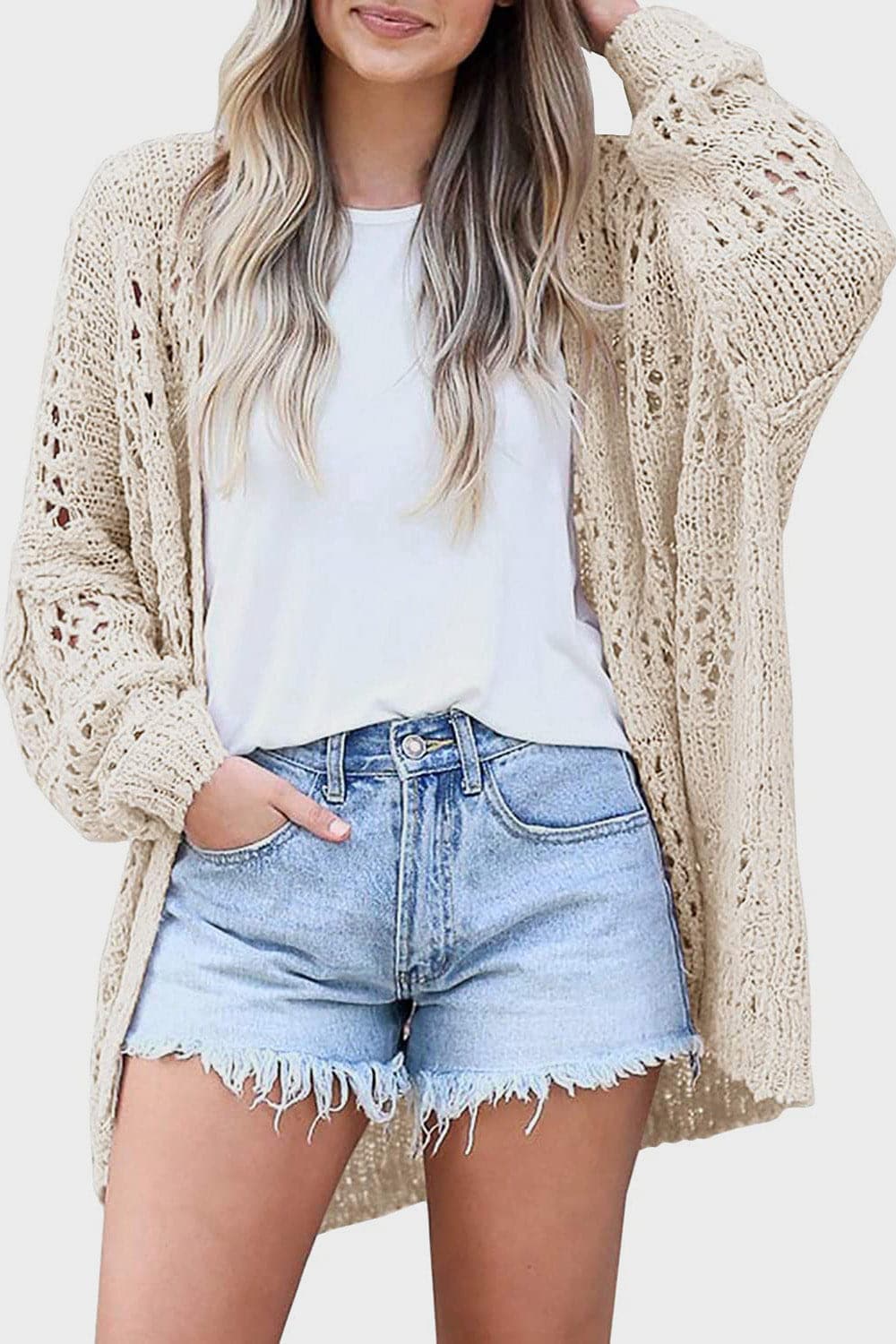 Openwork Open Front Long Sleeve Cardigan.