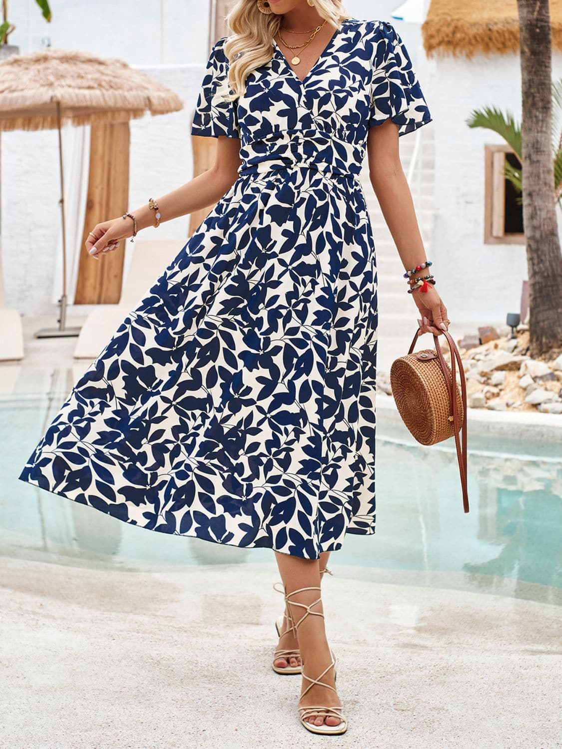 Printed Surplice Short Sleeve Midi Dress.