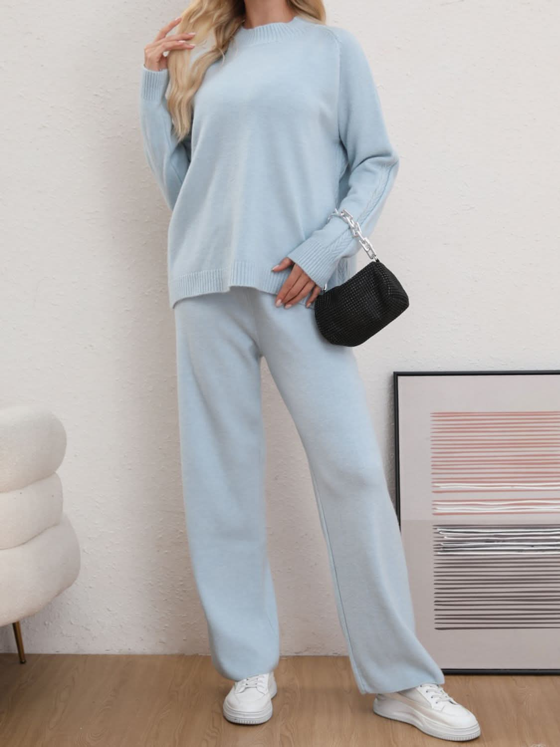 Cozy Mock Neck Sweater Set with Long Sleeves and Pants