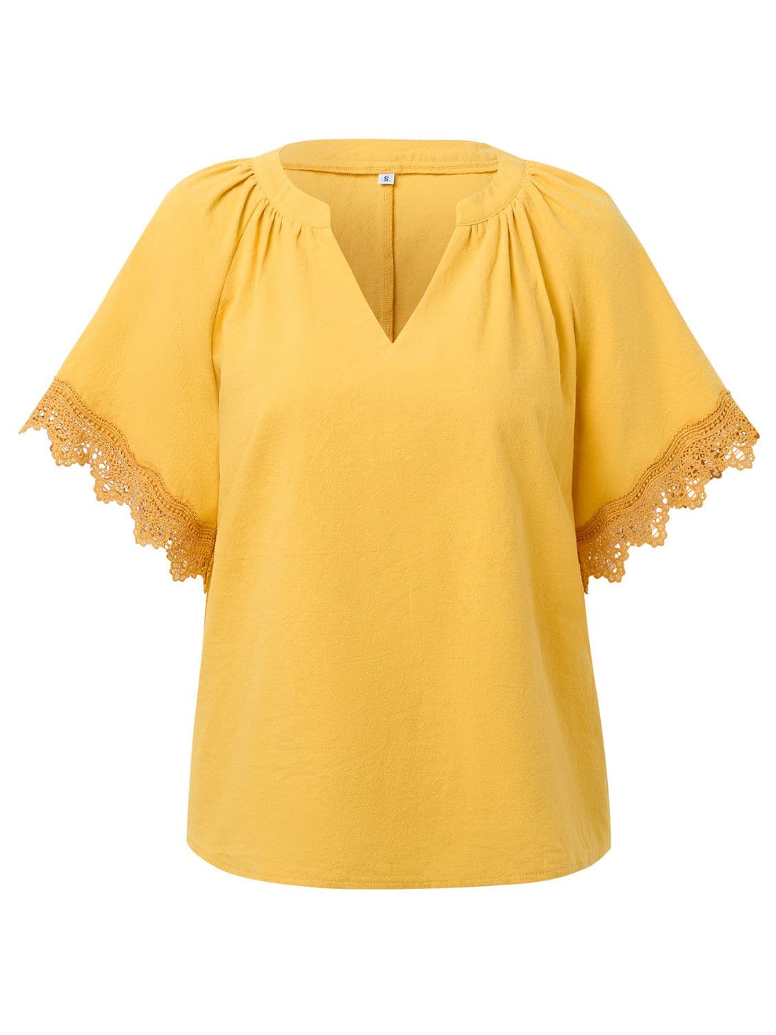 Lace Detail Notched Short Sleeve Blouse.