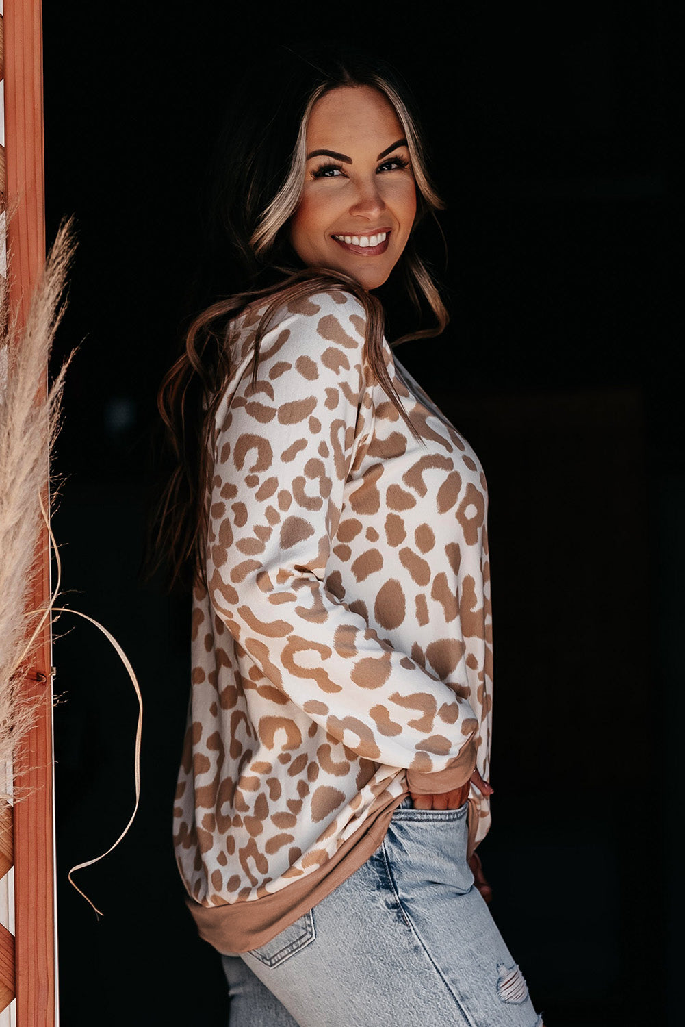 Khaki leopard print plus size boat neck long sleeve top