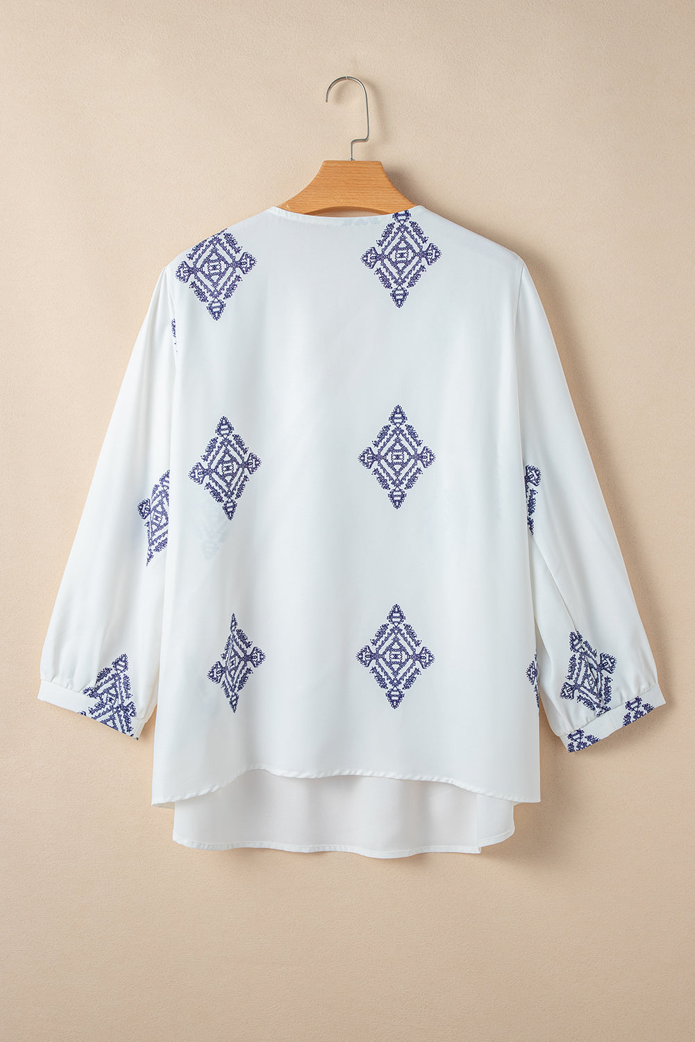 Chic white boho geometric print plus size blouse with bracelet sleeves