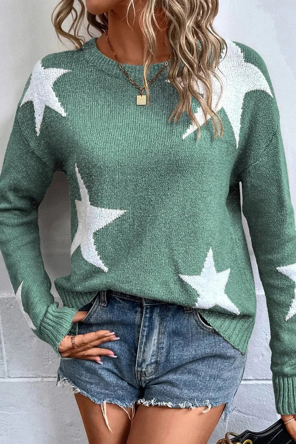 Star Round Neck Dropped Shoulder SweaterFeatures: Basic style
Stretch: No stretch
Material composition: 100% polyester
Care instructions: Machine wash cold. Tumble dry low.
Imported


Size
US
Bust
ShoulderLove Salve Star Round Neck Dropped Shoulder Sweaterknit tops