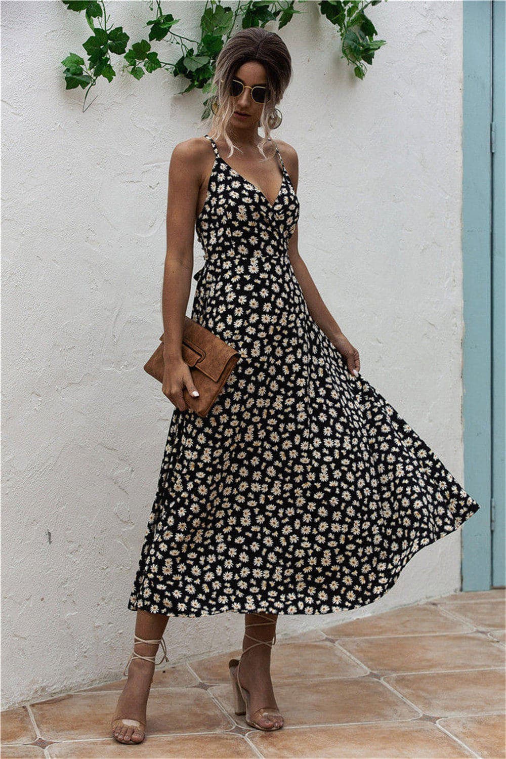 Daisy Print Surplice Midi Cami Dress.