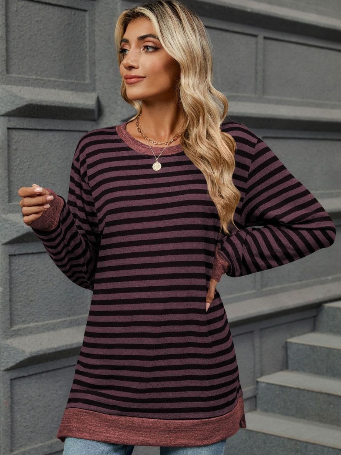 Striped Round Neck Long Sleeve T-Shirt.