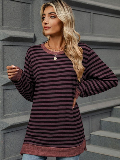 Striped Round Neck Long Sleeve T-Shirt.