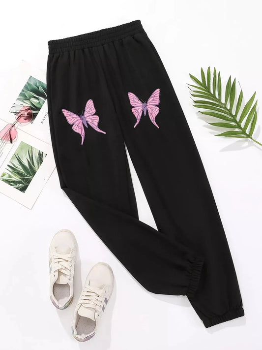 Butterfly Print Casual Sweatpants Women Black With Pink Butterflies Simply Love
