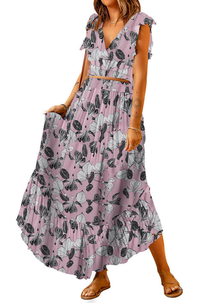 Printed Tie Back Cropped Top and Maxi Skirt Set.