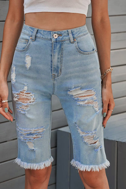 Distressed Raw Hem Denim Bermuda Shorts.