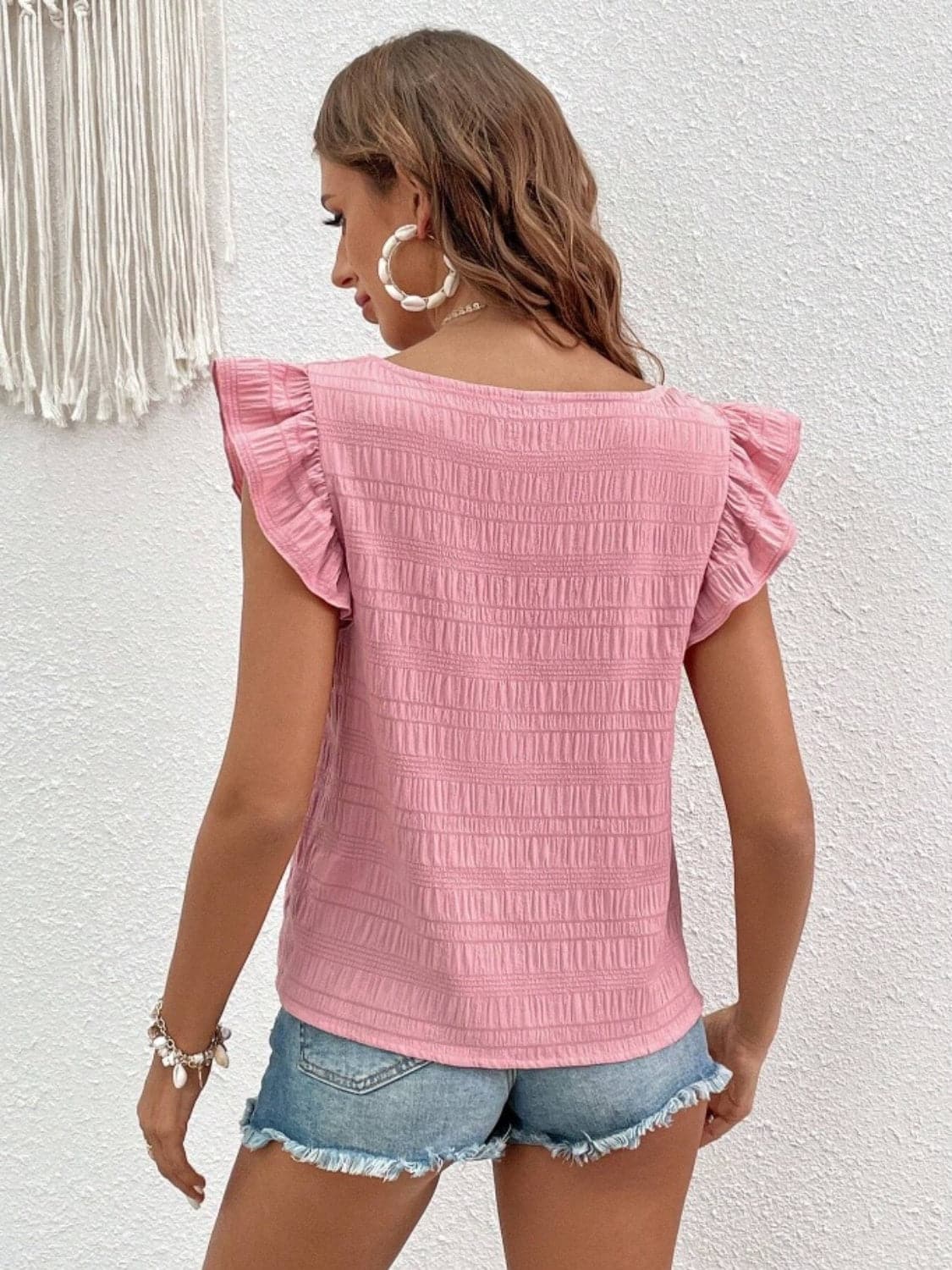 Ruffled Square Neck Cap Sleeve Blouse.