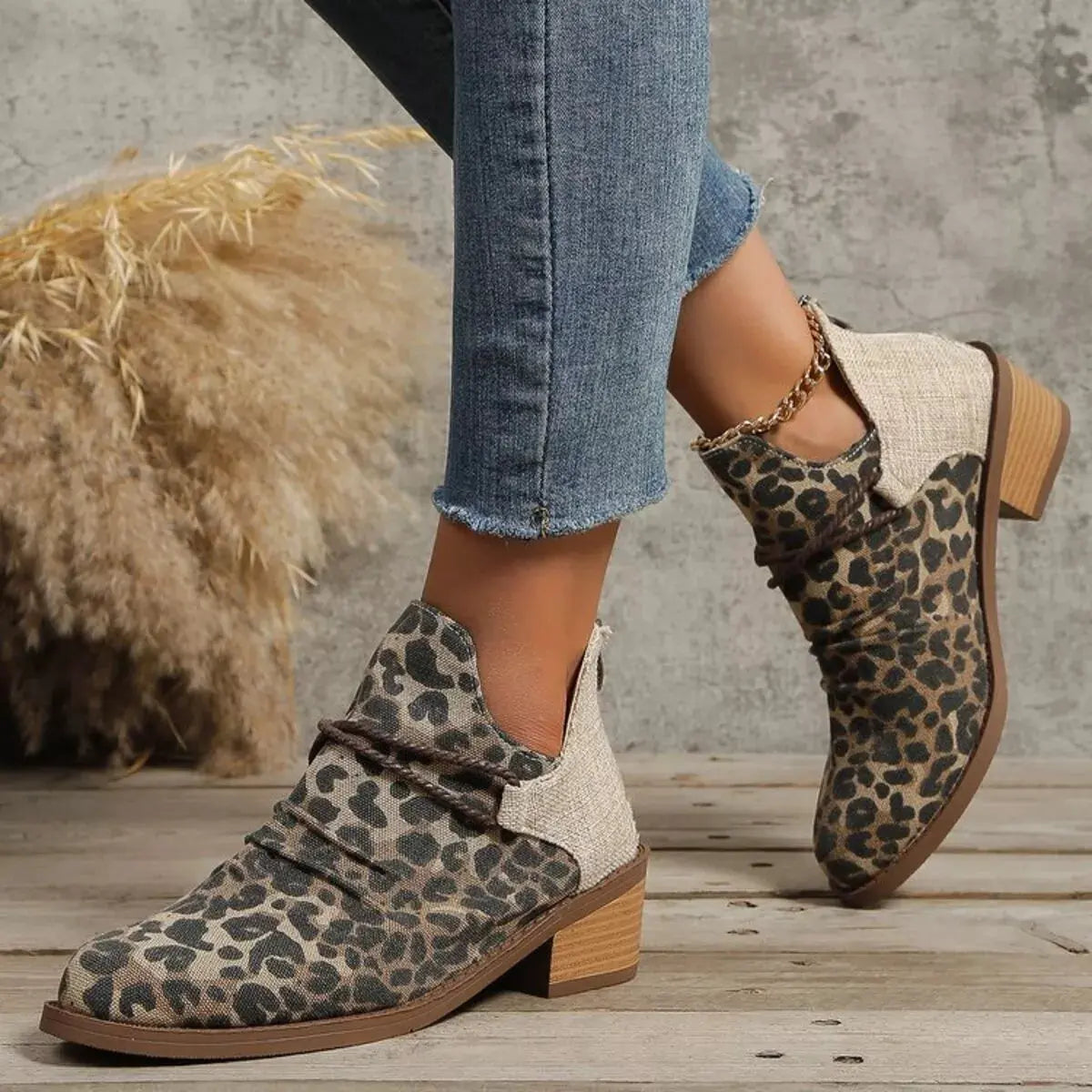 Two Tone Denim Block Heel Ankle Boots Beige Accent Simply Love