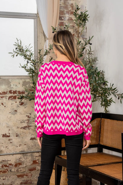 Sew In Love Full Size Wave Stripe Contrast Long Sleeve Sweater.