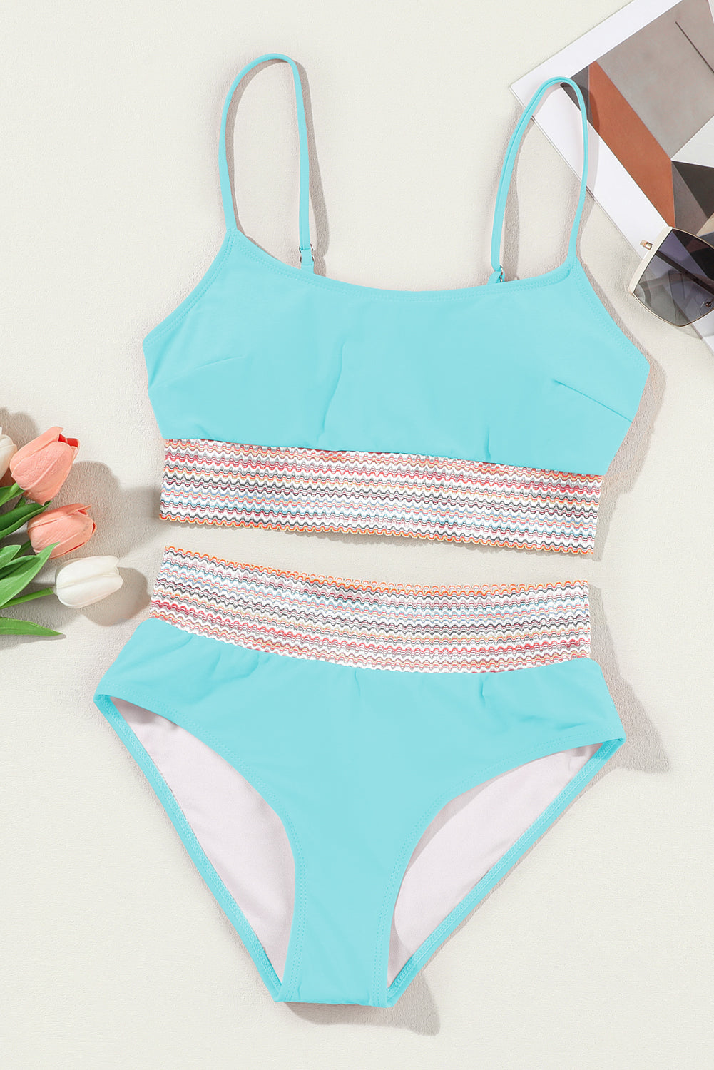 Chic sky blue high waist bikini with striped patchwork design