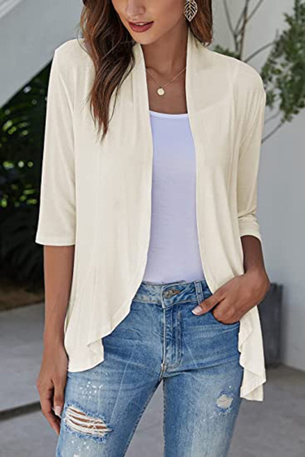 Open Front Three-Quarter Sleeve Cardigan.