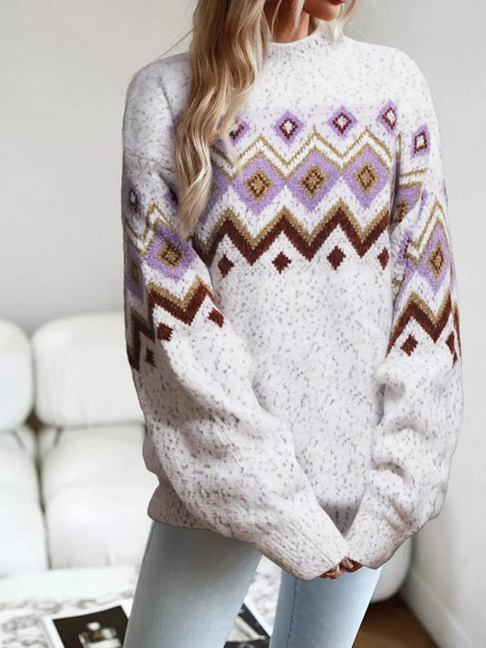 Cozy Geometric Pattern Mock Neck Knit Sweater For Women Simply Love