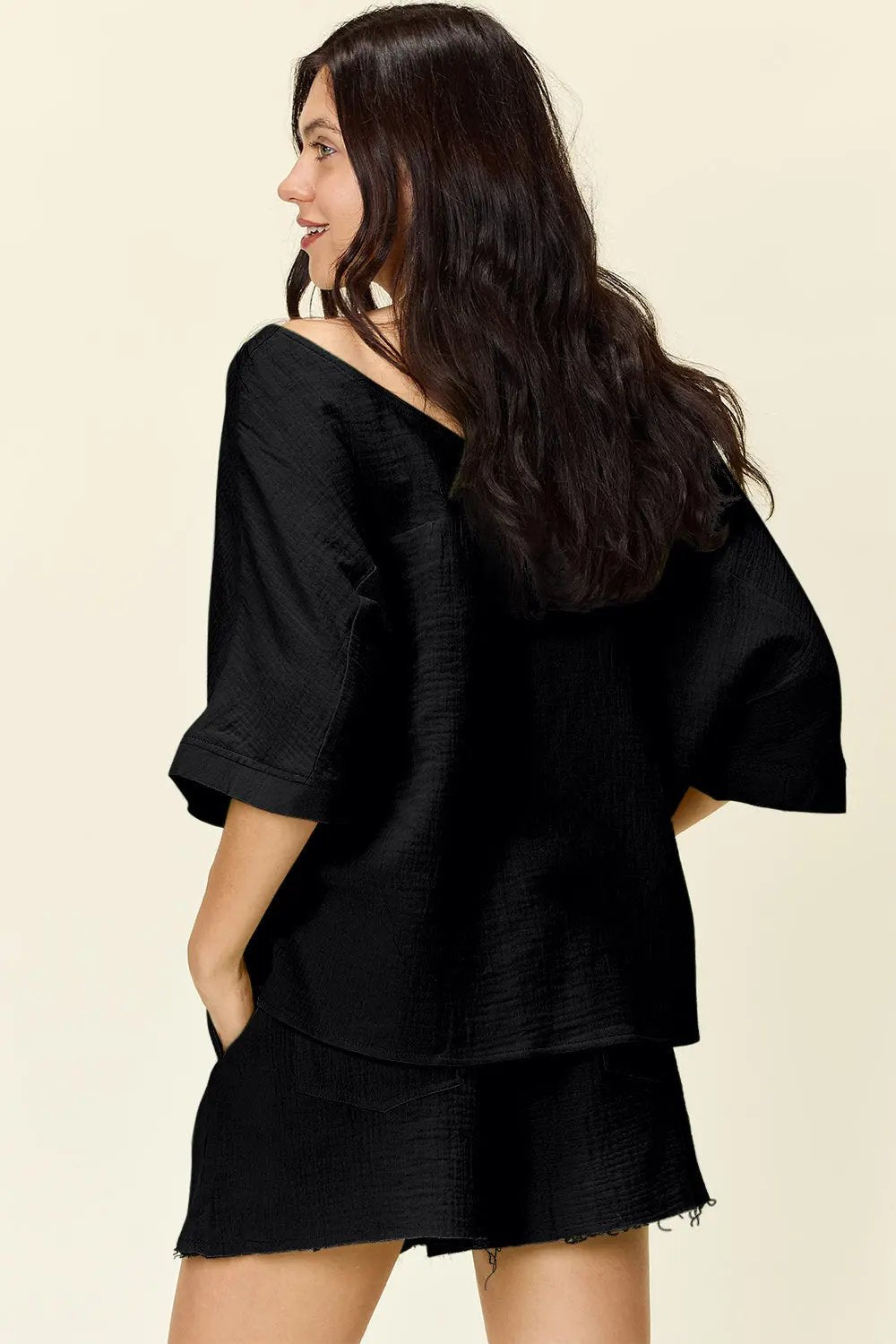 Double Take Texture Half Sleeve T-Shirt and Drawstring Shorts Set - Love Salve